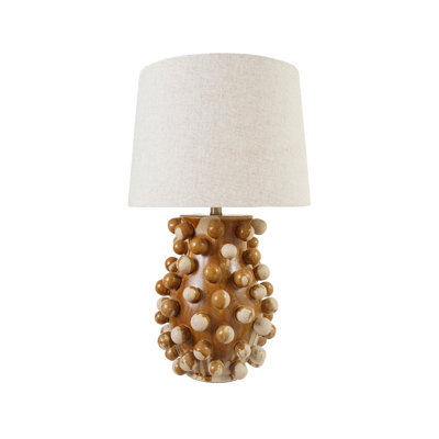 Lampe de table en grès beige avec émail réactif et abat-jour en lin