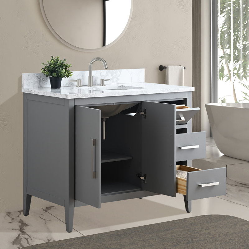 Ensemble de meuble-lavabo simple 42 po avec plateau en marbre Chambery, Nickel brossé, Gris cachemire