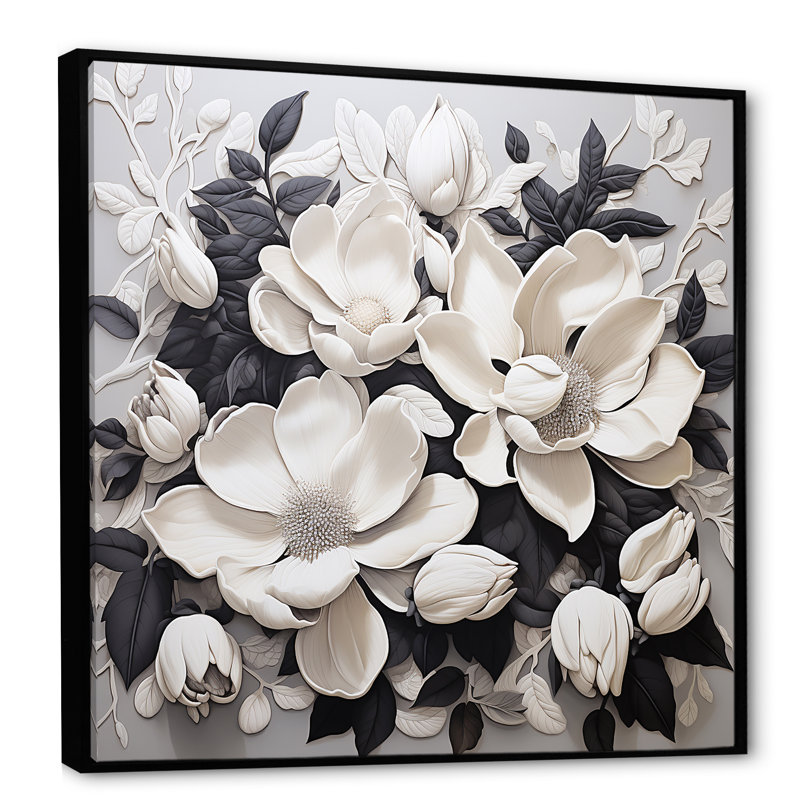 Tapisserie blanche et grise de magnolias sur toile, Cadre flottant noir, H 16 po x l 16 po x P 1 po