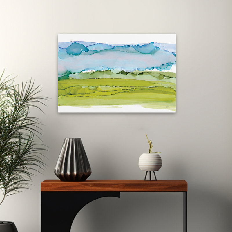 Ciel teinté I - art abstrait à l'encre bleue et verte, H 16 po x l 24 po