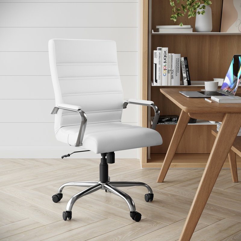 High Back Executive Swivel Office Chair with Metal Frame and Arms, White/Chrome