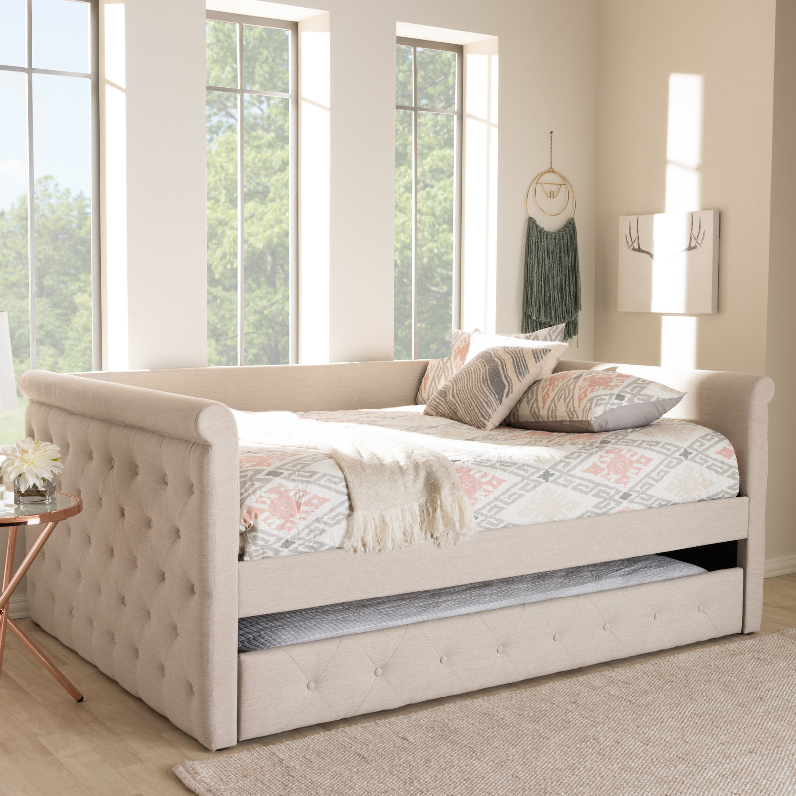 Samitha Upholstered Daybed with Trundle, Queen, Light Beige 