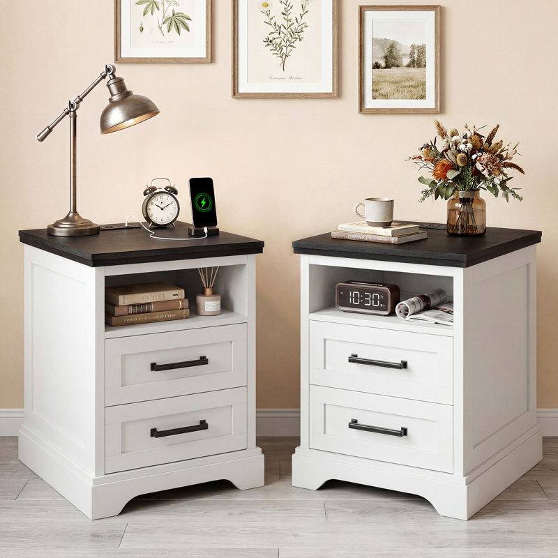 Table de chevet Farmhouse avec station de charge et grands tiroirs, Blanc, Set of 2