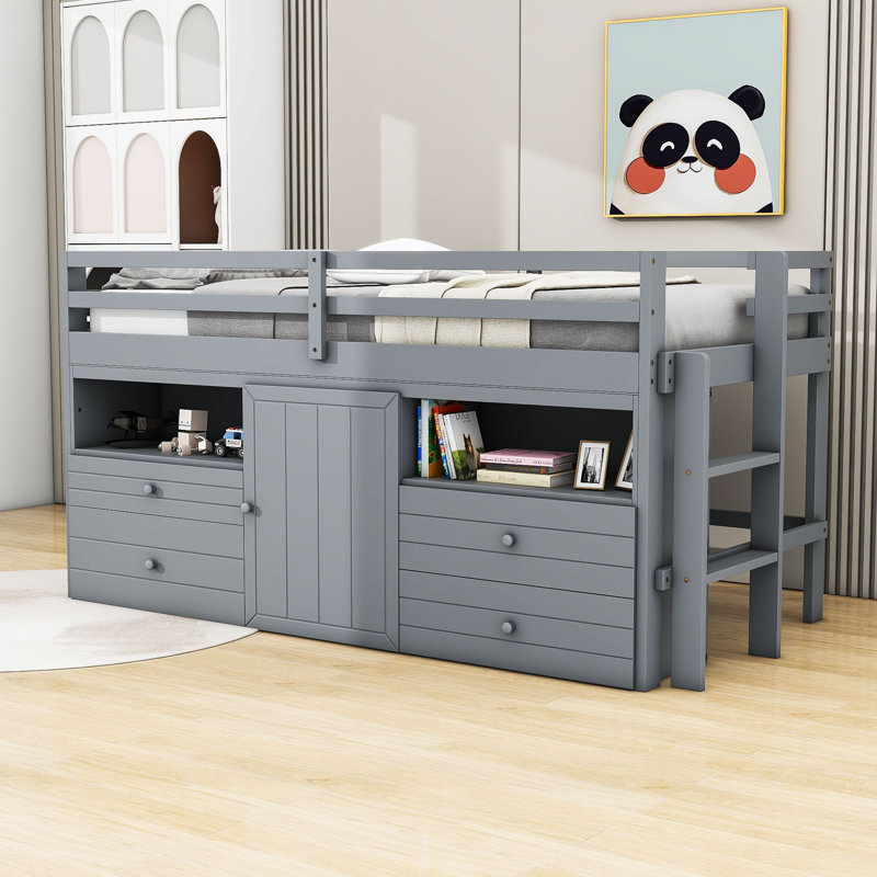 Jeani Kids Bed with Drawers and Shelves, Gray