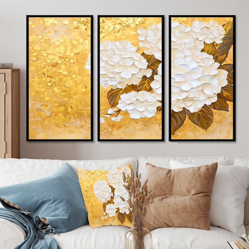 Ensemble de décorations murales Harmony Of Gold Hydrangeas II - Hydrangea, Noir, Reproduction avec cadre flottant