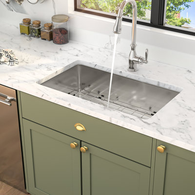 32 Inch Undermount Single Bowl Stainless Steel Kitchen Sink, 16 Gauge, T304, 10 Depth, Rear - Drain, Brushed Nickel, With Installation Instruction And Drain Strainer Gauge Inch, Bowl, T304 Steel,