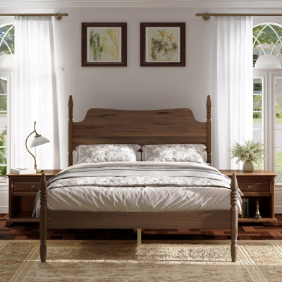 Queen Size Platform Bed Frame, Spindle Bed With Curved Tall Headboard, No Box Spring Needed, Retro Four Poster Bed, Walnut