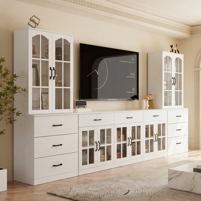 White Entertainment Center With Glass Door Hutch,118" W X 70.9" H Freestanding TV Console With Storage Drawers & Closed Cabinets | For Tvs Up To 75" Media Wall Unit