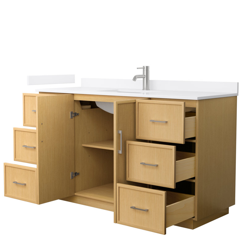 Elan TK 60" Freestanding Single Bathroom Vanity with Quartz Top, White Quartz, Light Oak, Brushed Nickel