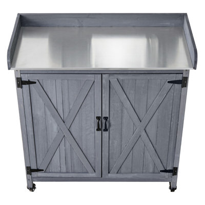 Table de rempotage, meuble de rangement de jardinage extérieur en bois avec plateau en fer galvanisé de 91 x 41 cm, 4 roulettes pour terrasse, poste de travail pour le jardinage avec grand espace de rangement, jardin, gris