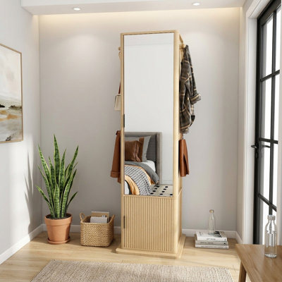 19.69" W Modern Rotating Freestanding Makeup Jewelry Armoire with Full-Length Mirror Coat Rack and 6 Storage Shelves