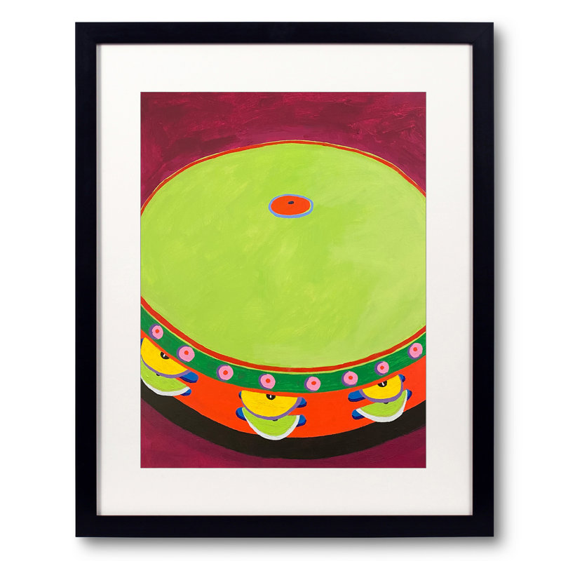Tambourin par Sue Graef - peinture encadrée, Papier avec cadre noir, H 21,25 po x l 17,25 po