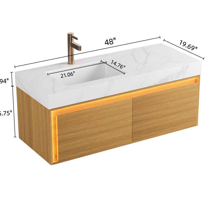 Meuble-lavabo flottant 48 po avec comptoir en pierre frittée blanche, lavabo encastré en contreplaqué en céramique, rangement en contreplaqué ultra-mince en grille, tiroir avec capteur automatique, comptoir pré-assemblé, lavabo, tiroir, unité de détection à DEL