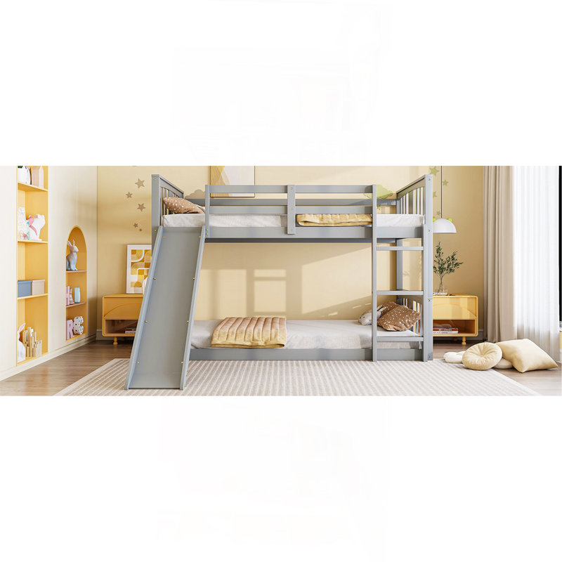 Twin Over Twin Bunk Bed With Slide And Ladder, Gray