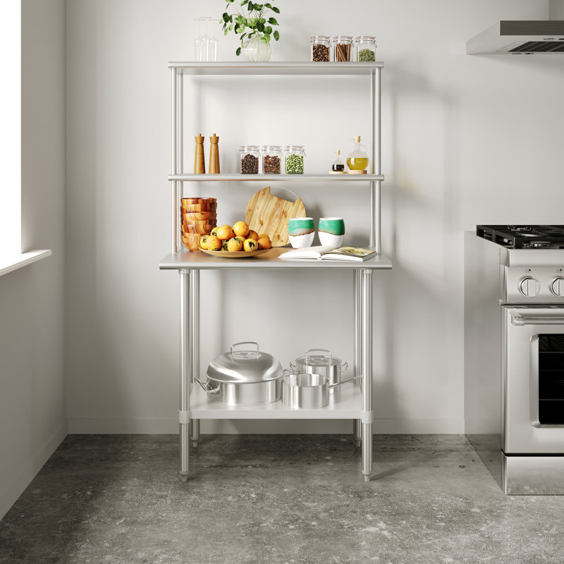 Table de travail commerciale en acier inoxydable avec 2 tablettes et 1 tablette inférieure, H 68 po x L 36 po x l 24 po