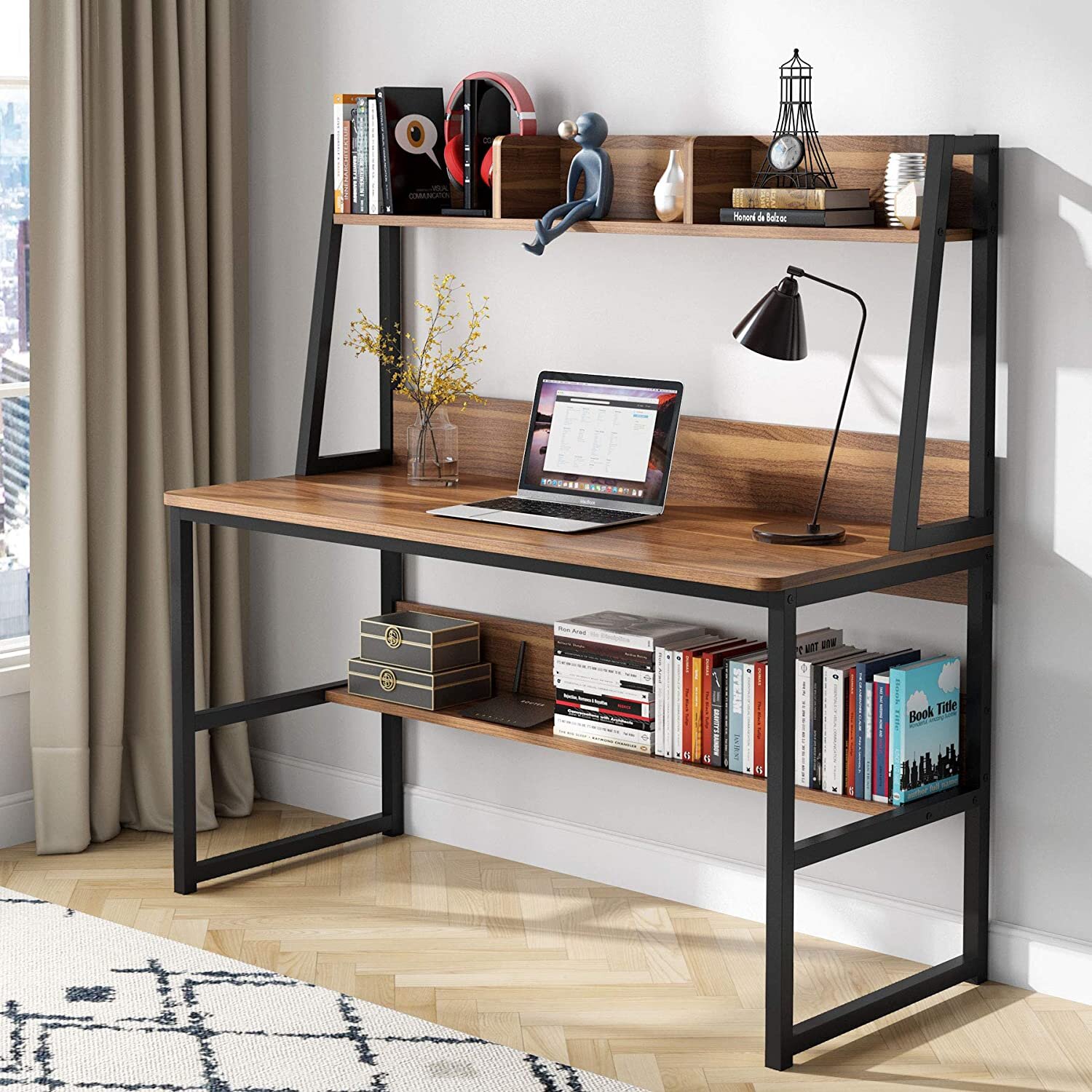 Sarahlouise Computer Desk with Power Outlet & Storage Shelves, PC Desk Workstation for Home Office 17 Stories Color (Top/Frame): Brown/Black, Size: 47