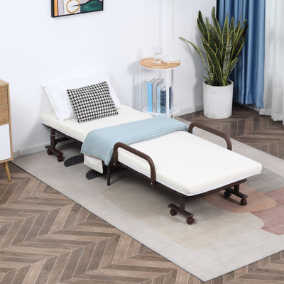 Porston Folding Bed with Mattress & Wheels, Adjustable Backrest Guest, White