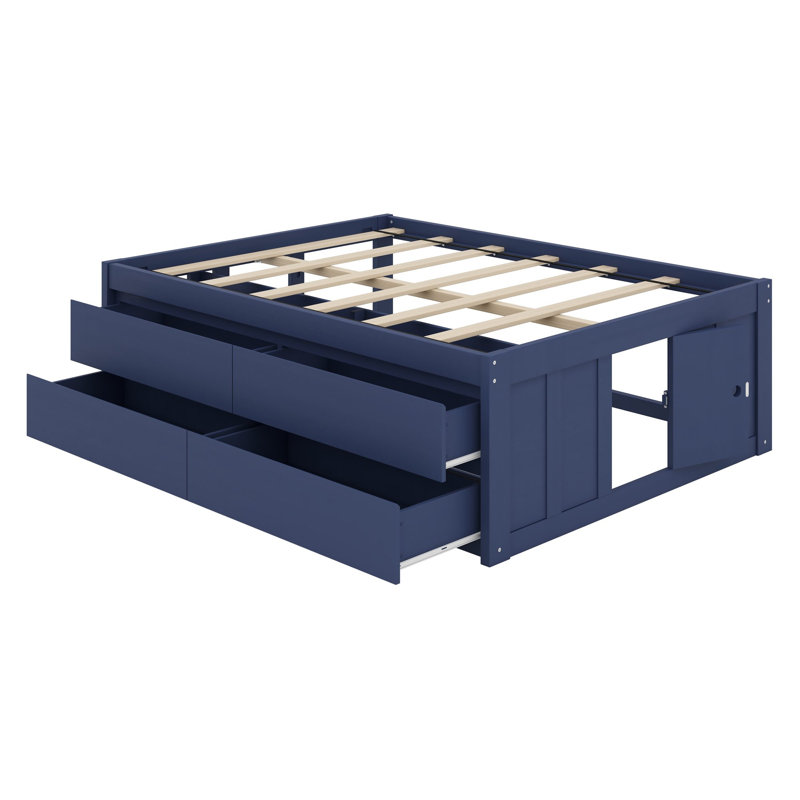 Lit plateforme avec tiroirs de rangement et sommier à lattes pour des chambres bien organisées, Full / Double, Navy Blue