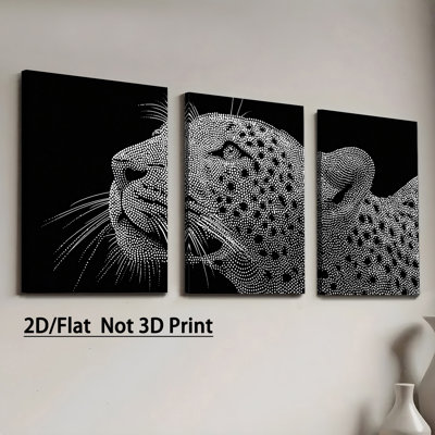 Dot-Painted Leopard Black & White 3-Piece Canvas Print for Bold Vibe Living Room Home Decor