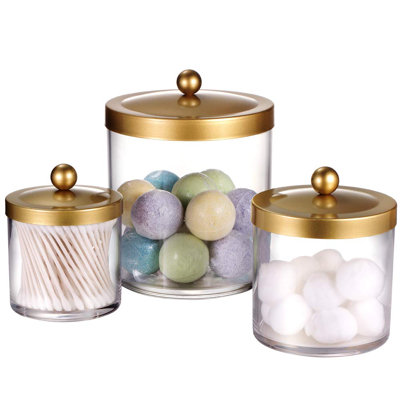 Clear Plastic Jars With Rust Proof Stainless Steel Lids, Bathroom Vanity Countertop Storage Organizer, Set Of 3