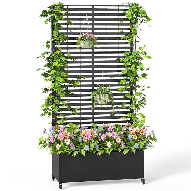 Iversen 35" W Metal Planter Box With Trellis With Wheels, 73'' H X 35'' W X 15'' D