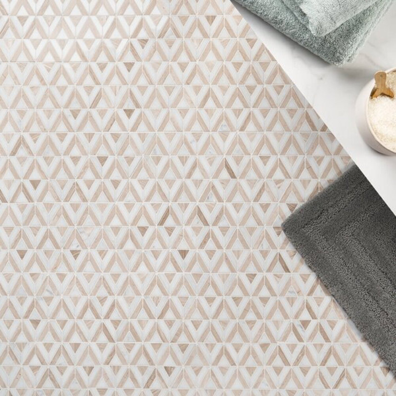 Monroe 8x8 Triangle Polished Marble Mosaic Tile, Beige/White