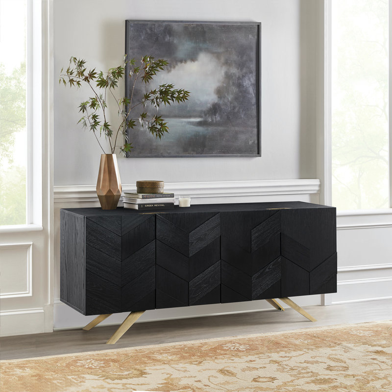 Buffet de 4 portes en bois de chêne brossé noir et métal Dorleus
