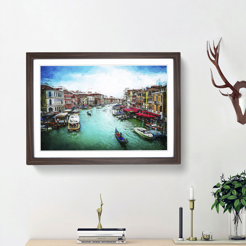 Gondolas in Venice Italy in Abstract - Picture Frame Graphic Art Print, 48cm H x 65cm W x 2cm D, Walnut Framed