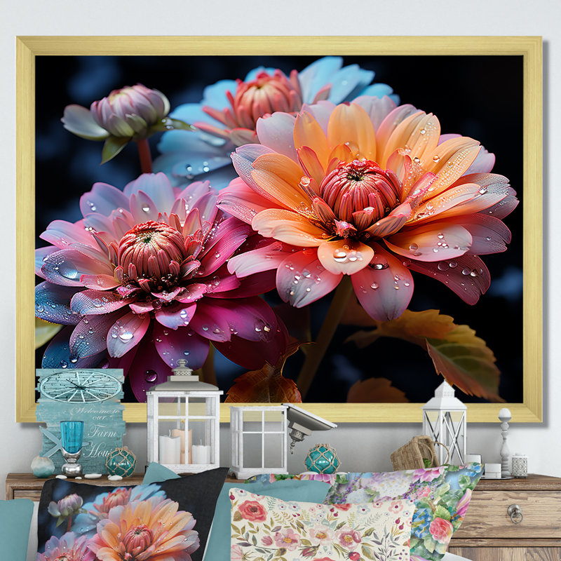 «Zinnias Illuminated By Moonlight II», reproduction sur toile, H 30 po x l 40 po x P 1,5 po, Cadre doré simple