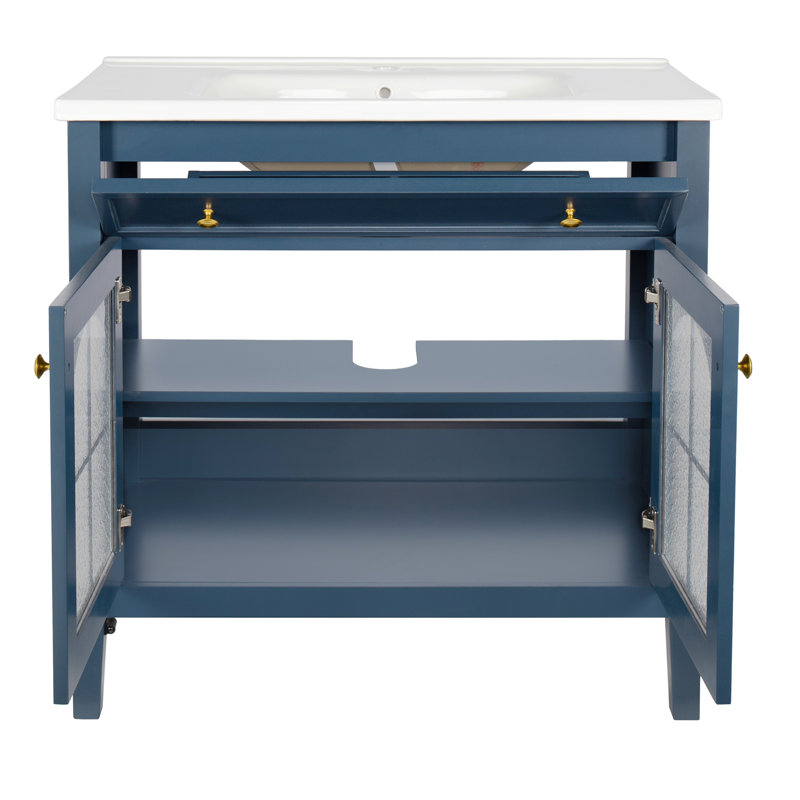 Meuble-lavabo simple 35,6 po avec lavabo et plateau en céramique, meuble-lavabo de style Mid-Century avec verre à motif et bande lumineuse à capteur de mouvement, armoire de rangement pour salle de bain avec tablette, bleu