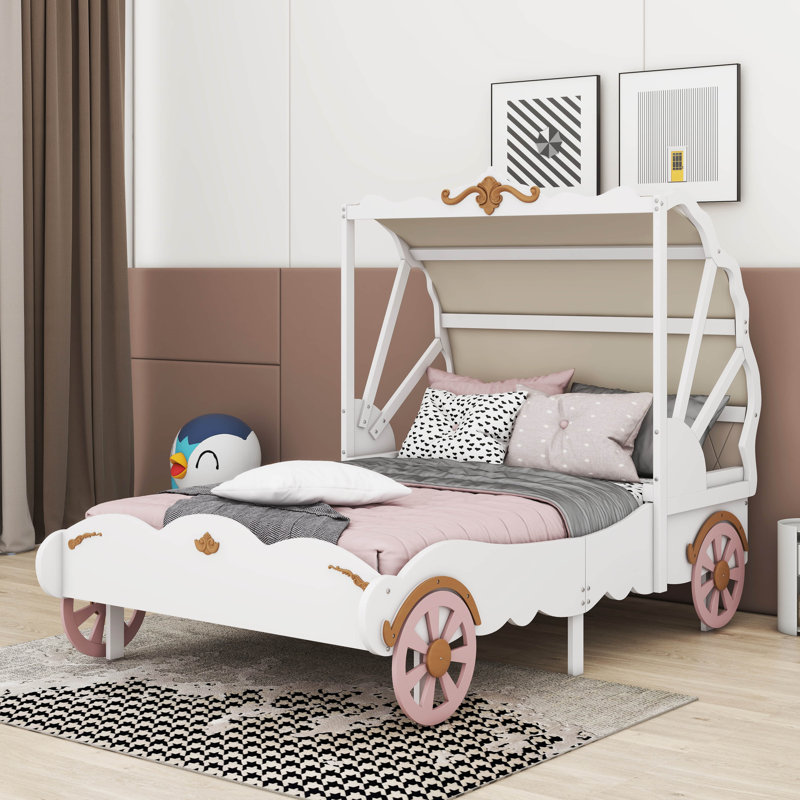 Lit plateforme en bois avec motif 3D Aaraiz, Simple, Blanc / beige