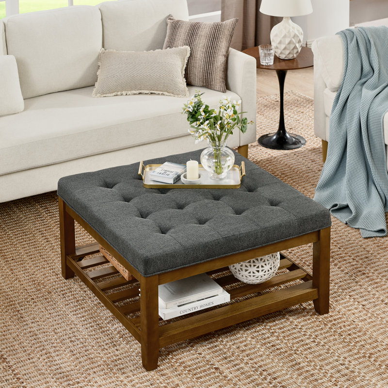 Grande table basse rembourrée en lin capitonné avec tablette en bois de hêtre, Gris foncé