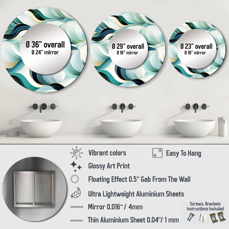 Reyo Coastal Emerald And White Geometric Charm - Geometric  Large Mirror, Modern Round Unique Wall Mirror Decor, Printed Metal Art