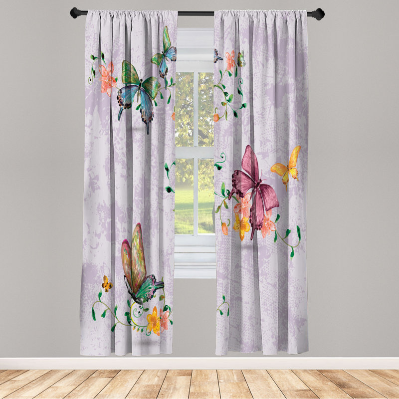 Microfiber Floral Semi-Sheer Rod Pocket Curtain Panels, 28" W x 63" L, Light Gray/Violet/Yellow