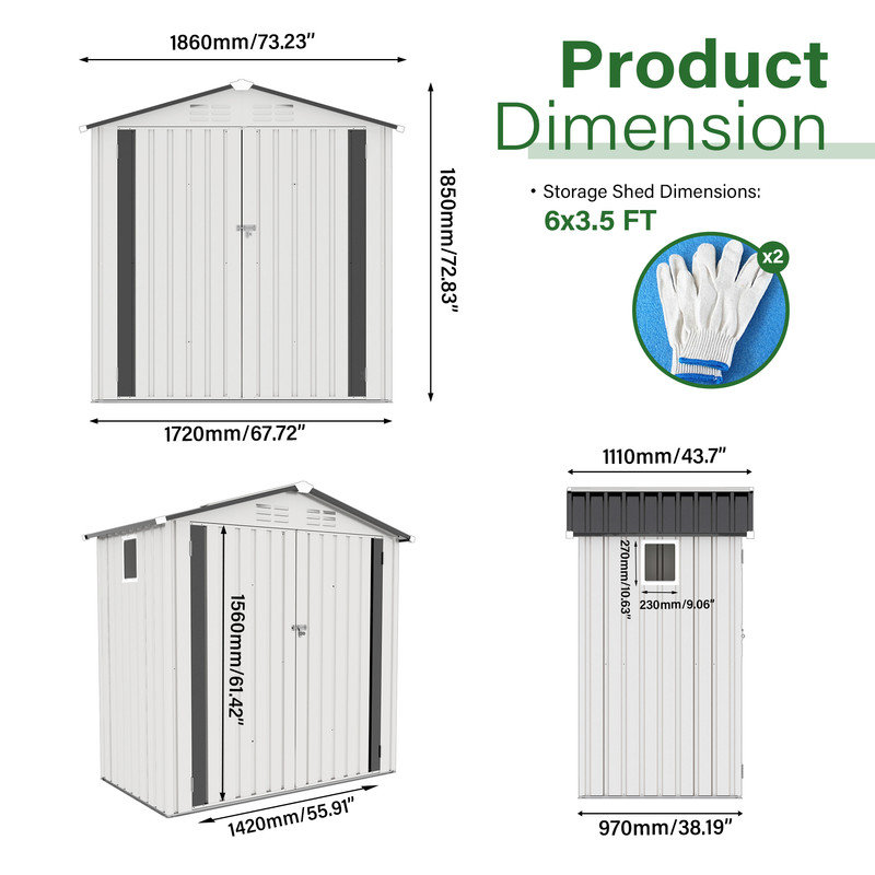 Remise de rangement extérieure en métal galvanisé imperméable 6 pi x 3,6 pi avec porte verrouillable, fenêtre et ventilation, pour le jardin, la cour arrière et le patio