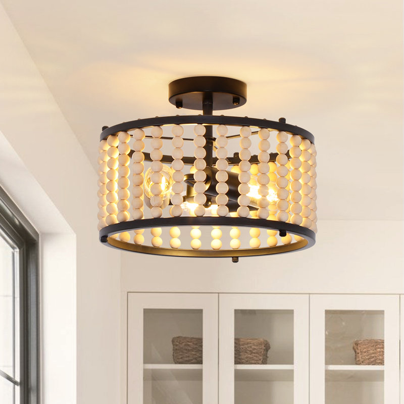 Luminaire semi-encastré à perle en bois massif à 3 lumières 12,6 po Olivos, Noir mat