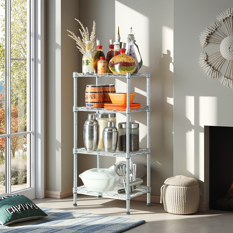 Étagère de rangement rectangulaire à 4 tablettes - Gris argenté - Étagère en acier au carbone avec hauteur réglable, bordure en filet anti-chute, assemblage sans outil