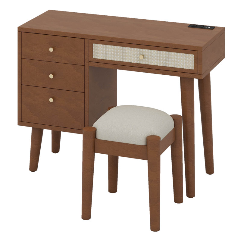 39" Retro Bohemian Style Wooden Makeup Vanity Set With Storage Drawers, Walnut