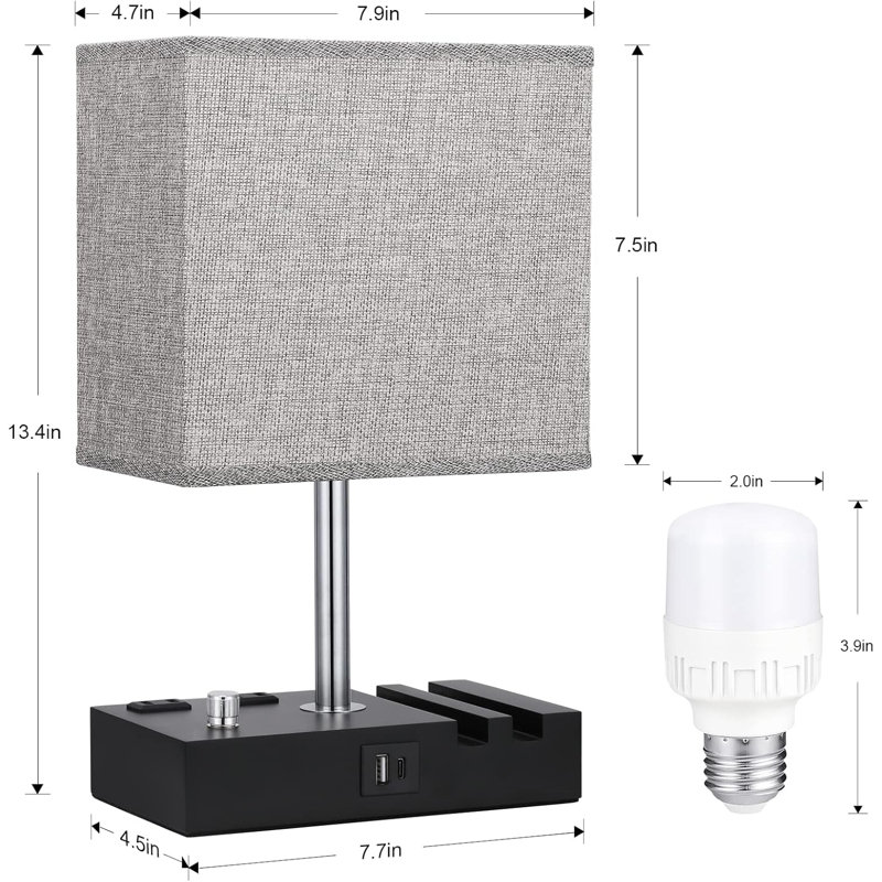 Grey Small Bedside Table Lamp with Charging Outlets and Phone StandsWooden Desk Lamp for Living Room