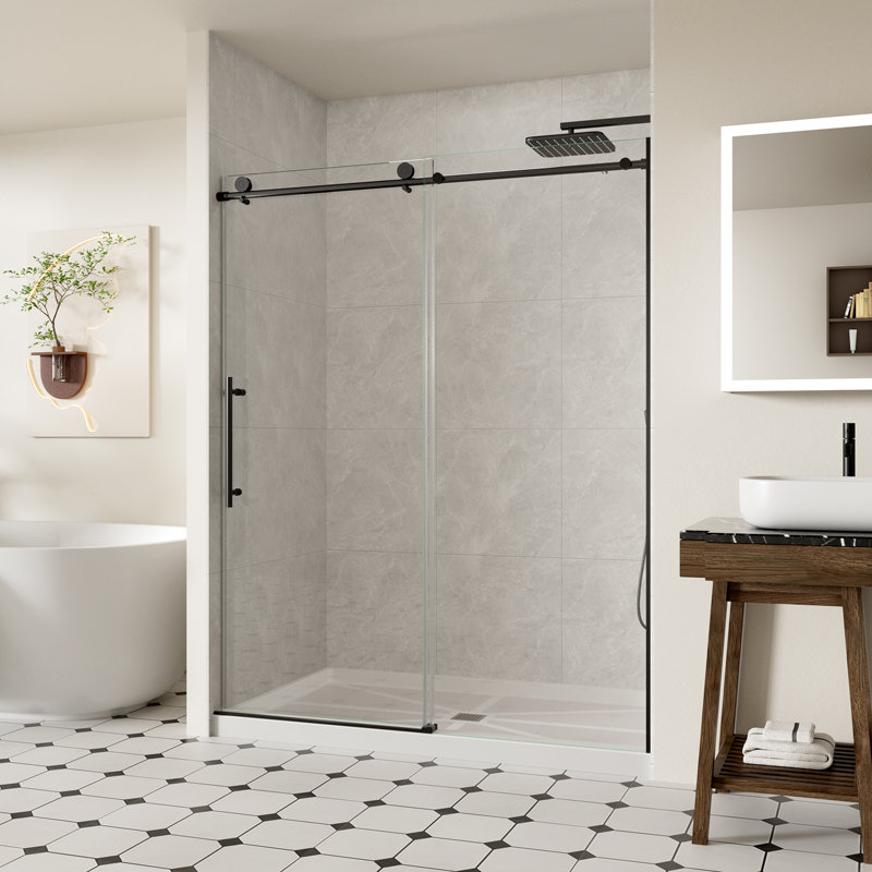 Frameless Shower Door, 56-60" W x 74" H Sliding Shower Door with 5/16" (8mm) Clear SGCC Tempered Glass, Soft Close, Full Stainless Steel, Matte Black Finish
