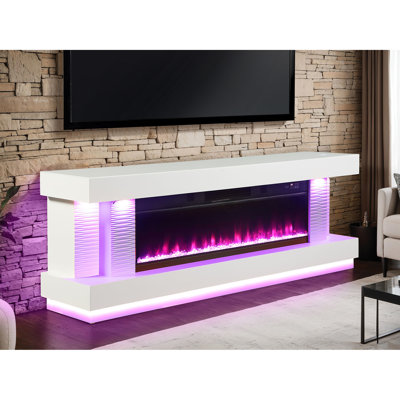 Meuble télé contemporain blanc avec foyer électrique et chauffage, bois d'ingénierie en métal, plage de température de 62 pièces, luminosité à 3 niveaux