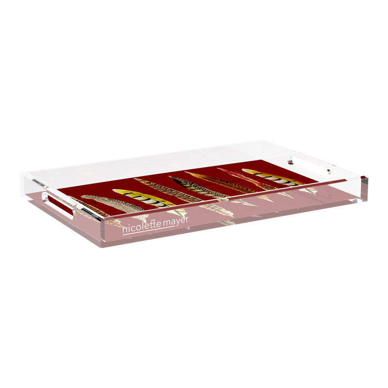 Pheasant Feathers Acrylic Rectangle Decorative Tray, Porto, 22.5"W x 14.5"D x 2"H