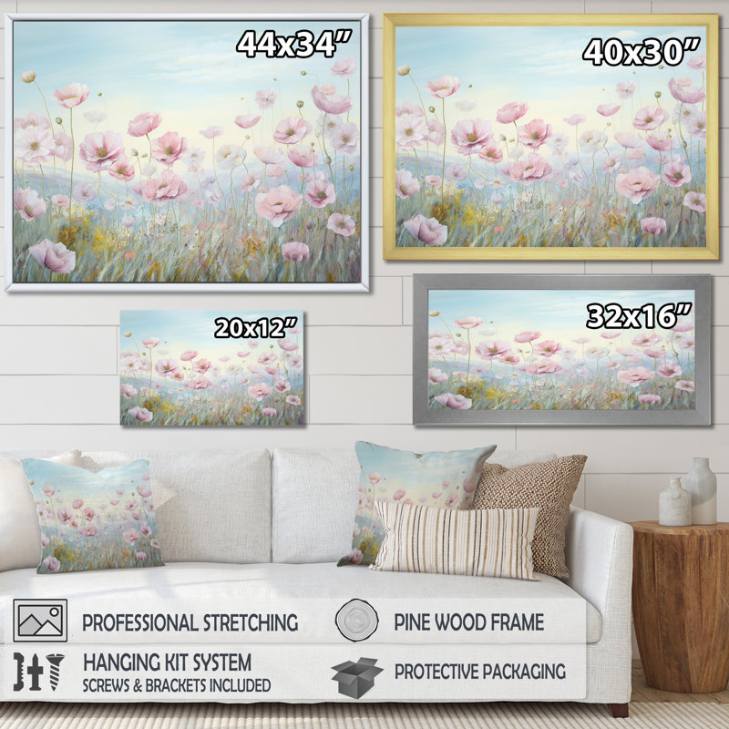 «Pink Ranunculus Field In Mountain I», reproduction sur toile, H 34 po x l 44 po x P 1,5 po, Cadre simple blanc