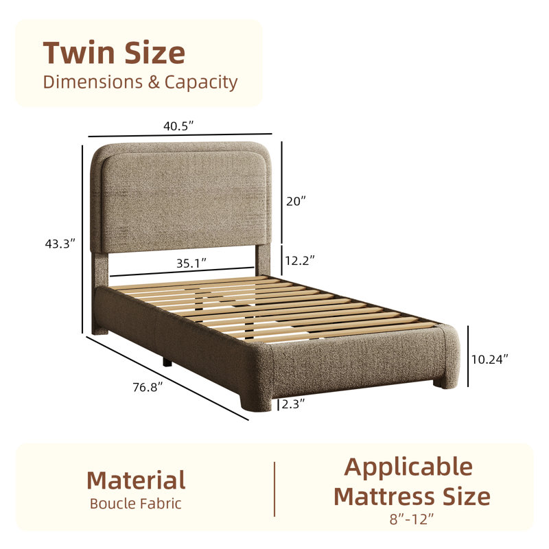 Lit plateforme tapissier Bensu Boucle, Lit simple, Taupe