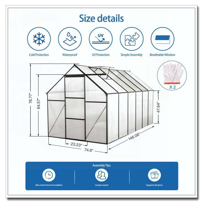 6x12 FT Polycarbonate Greenhouse Raised Base and Anchor Aluminum Heavy Duty Walk-in Greenhouses for Outdoor Backyard in All Season,Black