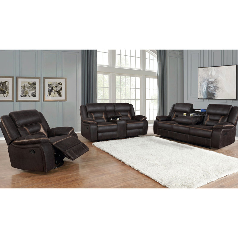Fauteuil à trois places en similicuir brun avec inclinaison manuelle, fonction murale et sièges de table rabattables au centre, accoudoirs à plateau-coussin, porte-gobelets à prise de courant escamotable 2 ports 2ac 2 ports