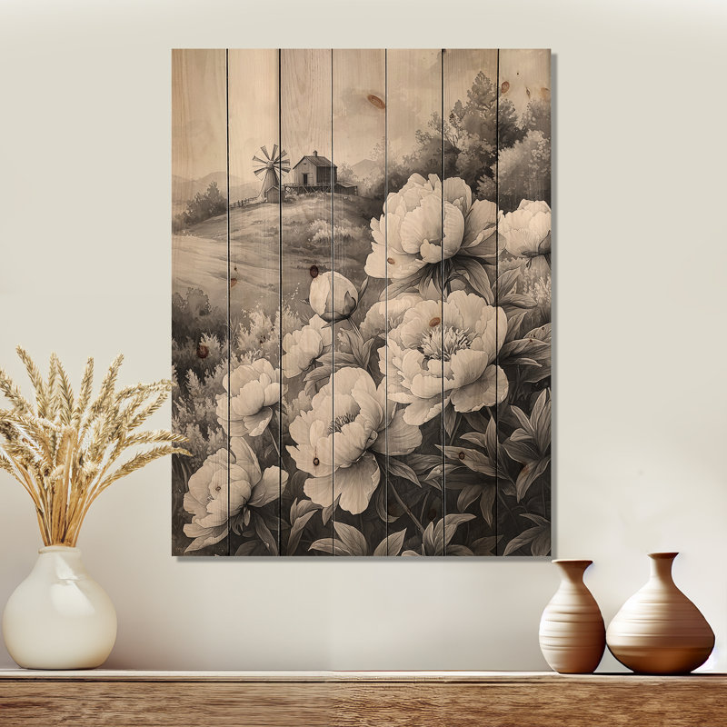Pivoines monochromes et moulin à vent I - Décoration murale en bois de pivoines - sur bois de pin naturel