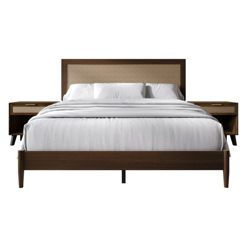 Lit plateforme en bois très grand avec 2 tables de chevet en noyer, King, Walnut