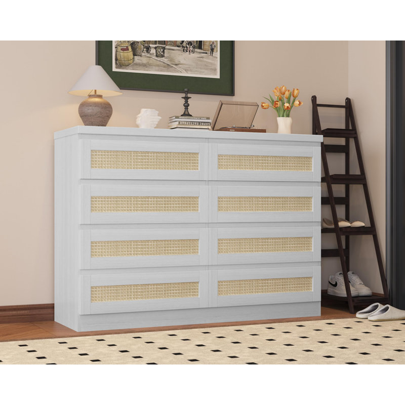 Commode spacieuse à 8 tiroirs en rotin de 47 pouces - Commode de style campagne moderne, meuble télé multifonctionnel et table d'entrée, mobilier de rangement pour grande chambre à coucher, blanc