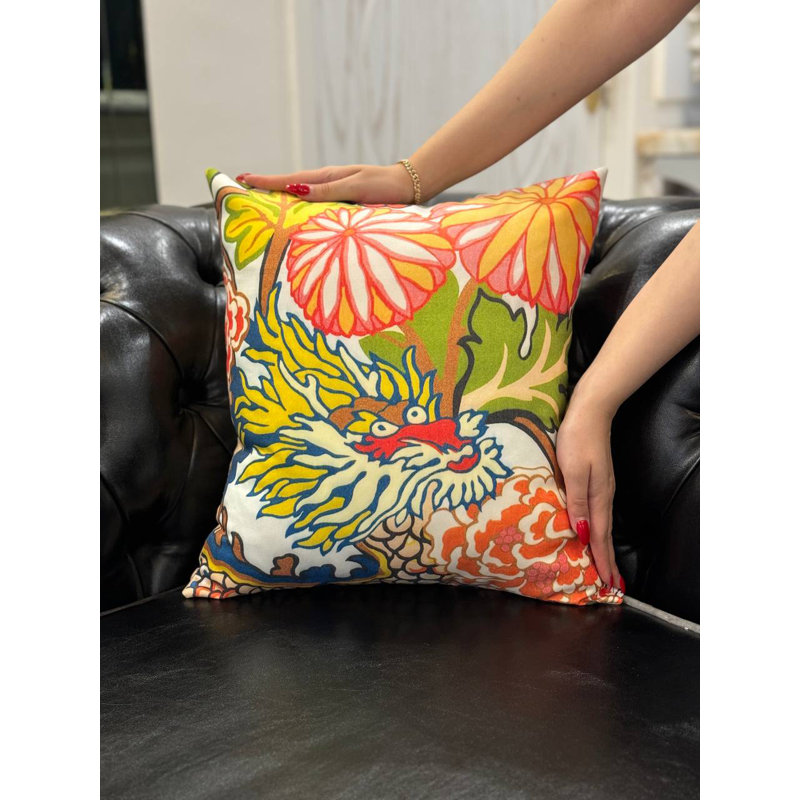 Square Pillow Cover & Insert, Square 20", Black/Red/White/Green Floral